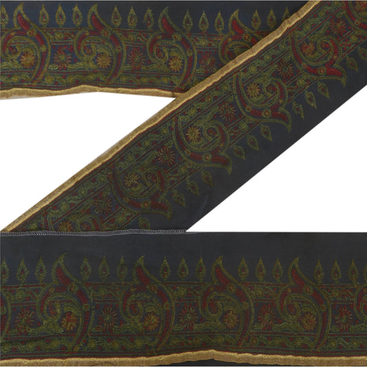 Sanskriti Vintage Sari Border Craft Blue Trim Embroidered 1 Yd Sewing Lace