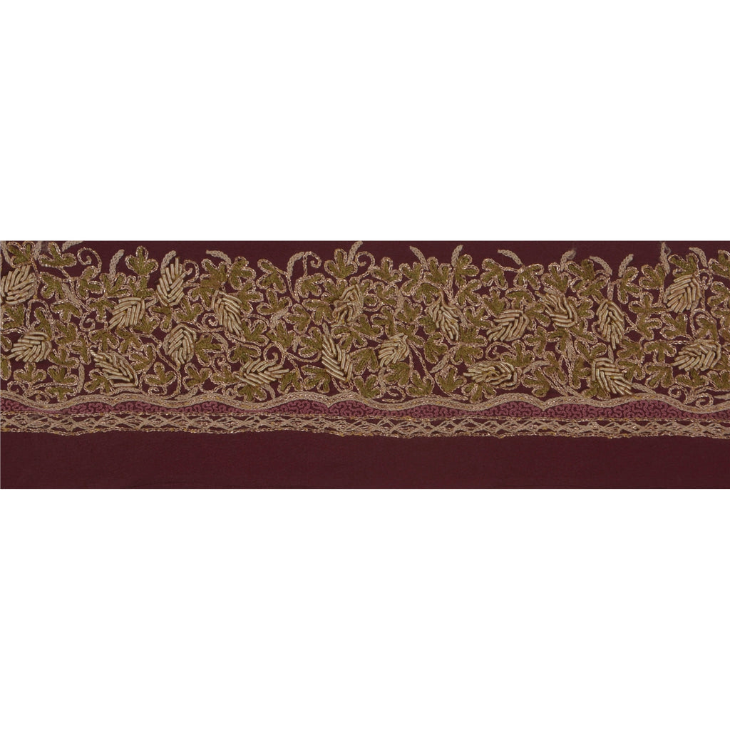 Sanskriti Vintage Sari Border Craft Dark Red Trim Hand Zari Embroidery 1 YD Lace