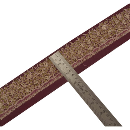 Sanskriti Vintage Sari Border Craft Dark Red Trim Hand Zari Embroidery 1 YD Lace