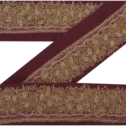 Sanskriti Vintage Sari Border Craft Dark Red Trim Hand Zari Embroidery 1 YD Lace