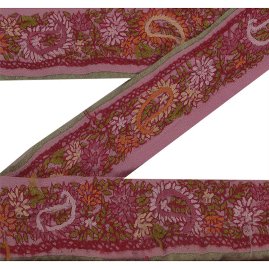 Sanskriti Vintage Sari Border Craft Pink Trim Hand Embroidered 1 YD Decor Lace