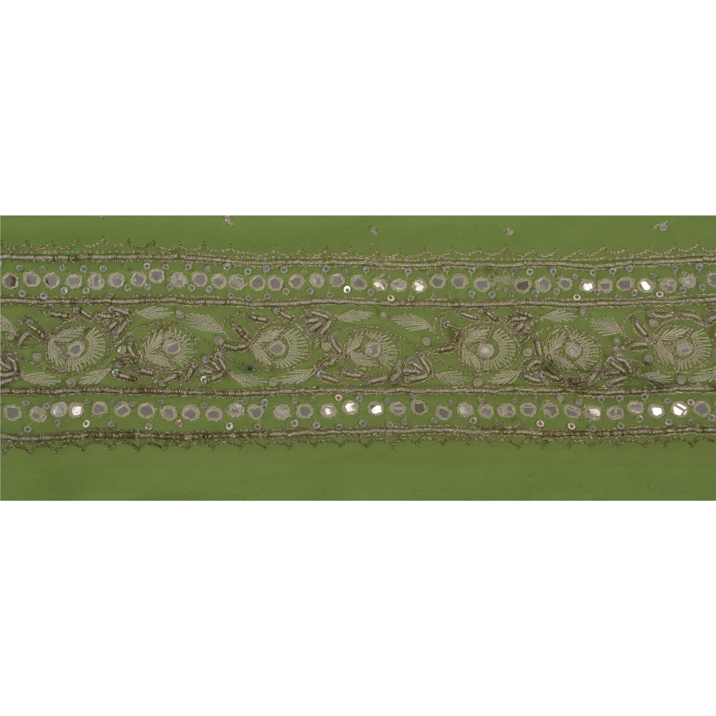 Sanskriti Vintage Green Sari Border Hand Beaded Indian Craft Trim 1 Yd Lace