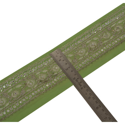 Sanskriti Vintage Green Sari Border Hand Beaded Indian Craft Trim 1 Yd Lace
