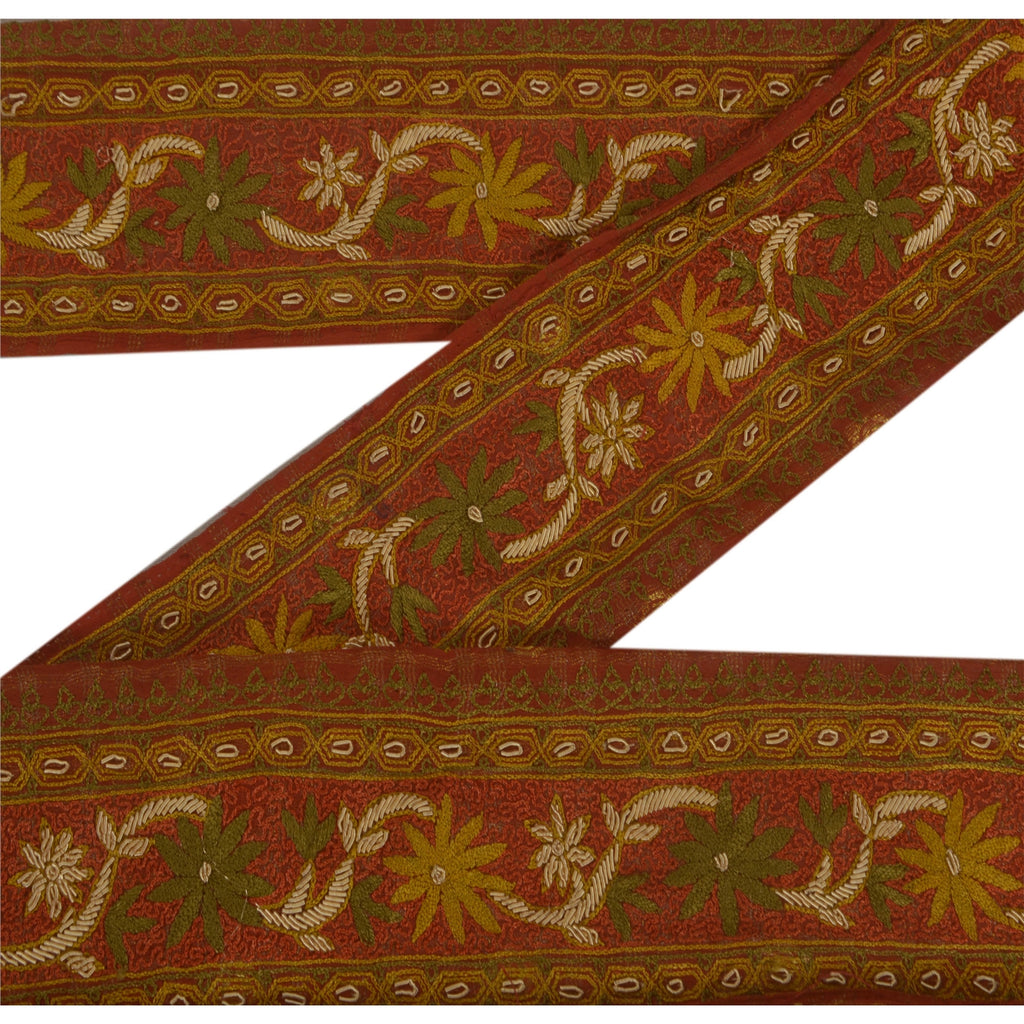 Sanskriti Vintage Sari Border 1Yd Craft Orange Trim Hand Embroidered Sewing Lace
