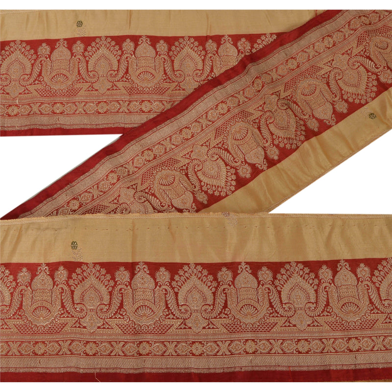 Sanskriti Vintage Silk Sari Border: Cream & Red Woven Brocade, Zari Trim (1 Yard) upholstery fabric