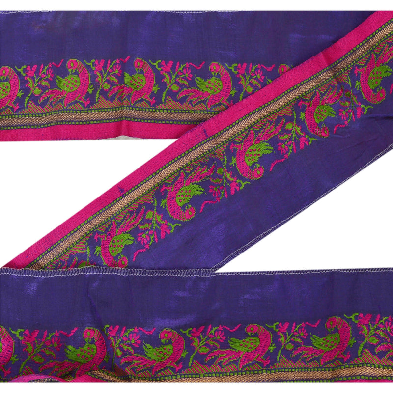 Sanskriti Vintage Blue Silk Sari Border: Vintage Woven Parrot Trim, Zari Embroidery (1 Yard) upholstery fabric