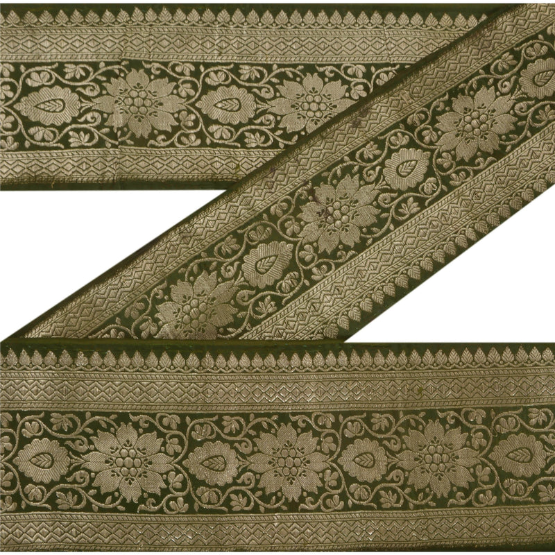 Sanskriti Vintage Sanskriti Vintage Vintage Sarees/Sari 1 Yd Trim Green Border Woven Brocade Craft Sewing Lace Satin Silk upholstery fabric