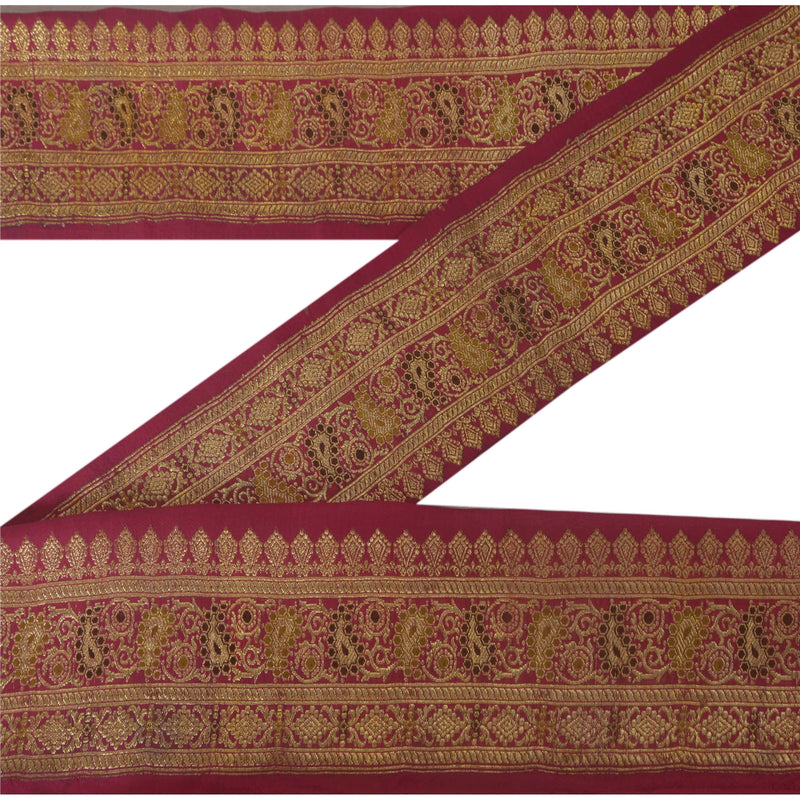 Sanskriti Vintage Pink Silk Sari Border: Vintage Zari Brocade Trim, 1 Yard upholstery fabric