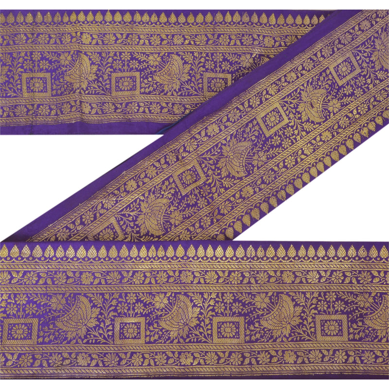 Sanskriti Vintage Sarees/Sari Blue Border Woven Brocade Craft Trim Sewing 1 Yd Lace upholstery fabric