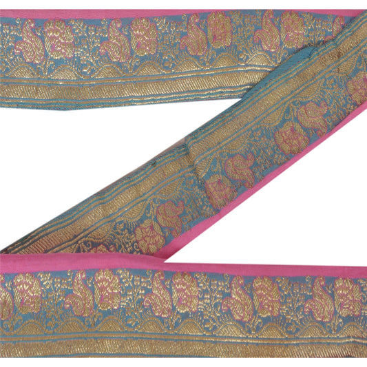 Sanskriti Vintage 1.5W Sari Border Zari Woven Brocade Craft Trim Blue 1 YD Lace