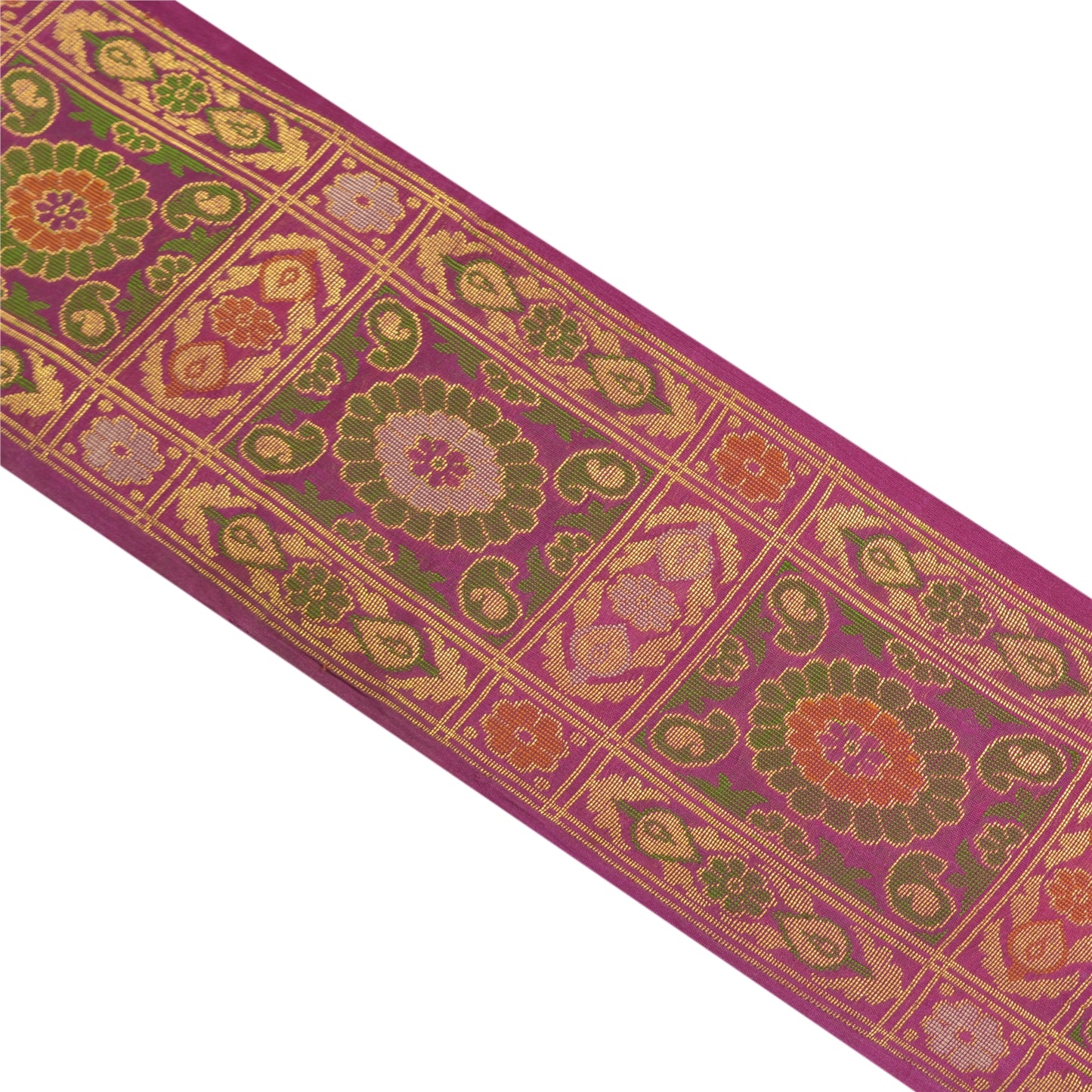 Sanskriti Vintage 1 Yd Sari Border Woven Banarasi Tanchoi Trim Purple Craft Lace