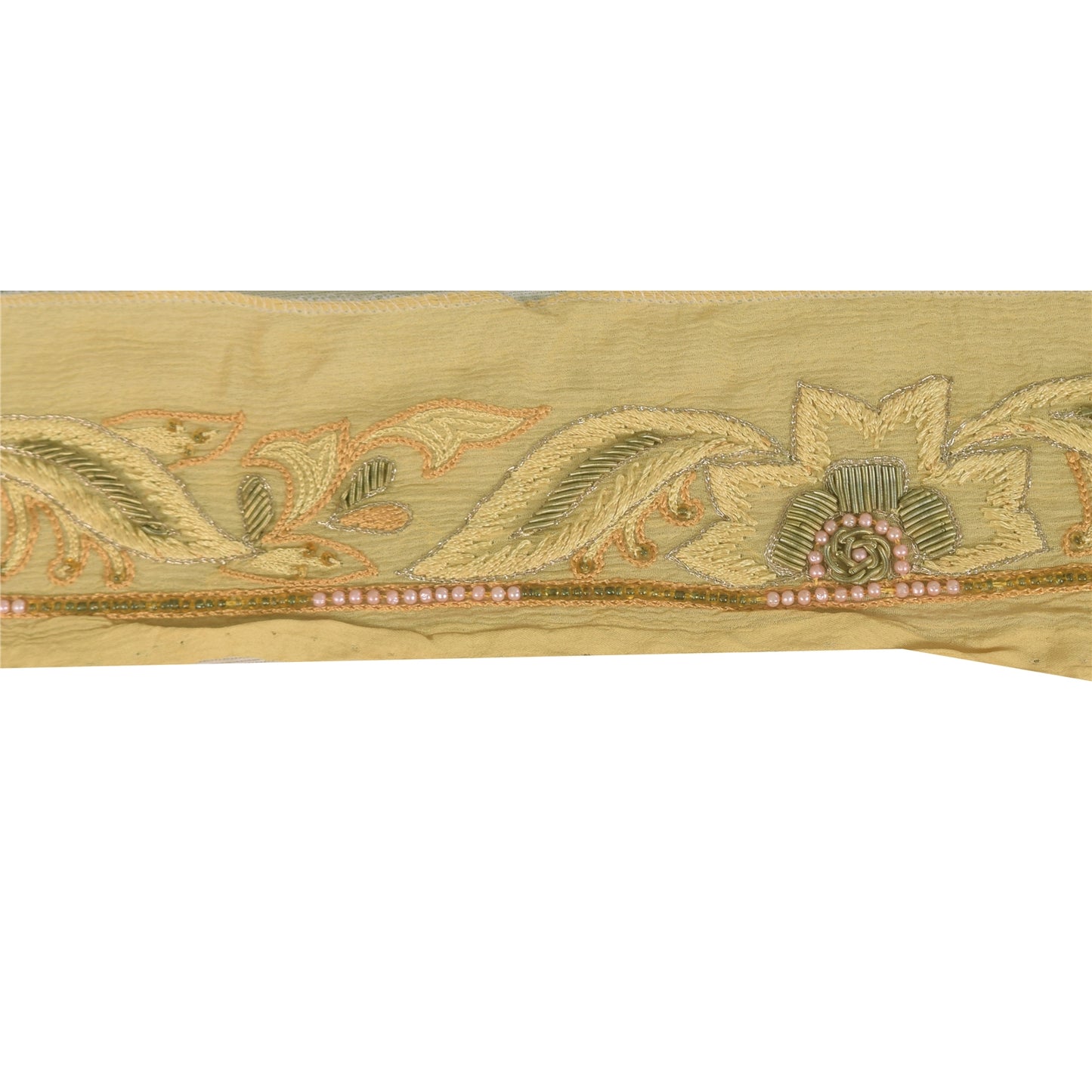 Sanskriti Vintage 1 YD Sari Border Hand Bead Zari Zardozi Trim Cream Craft Lace