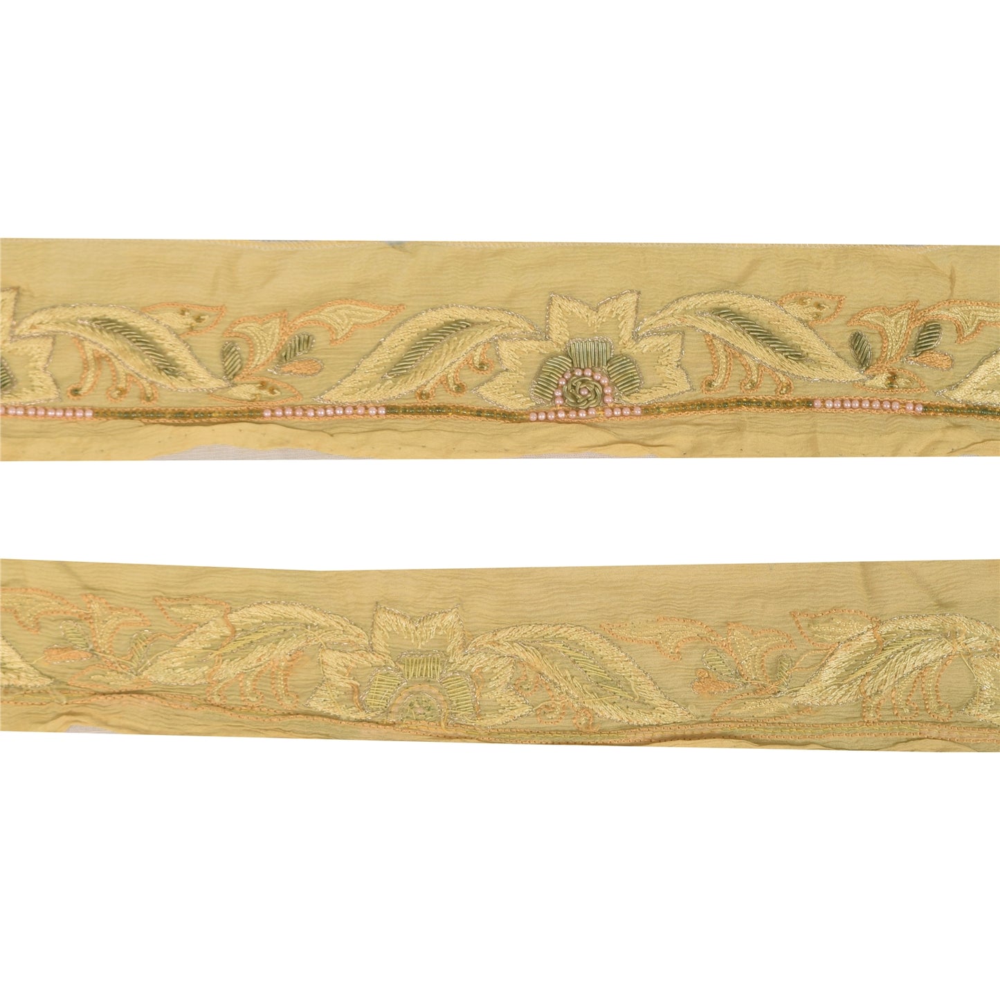 Sanskriti Vintage 1 YD Sari Border Hand Bead Zari Zardozi Trim Cream Craft Lace