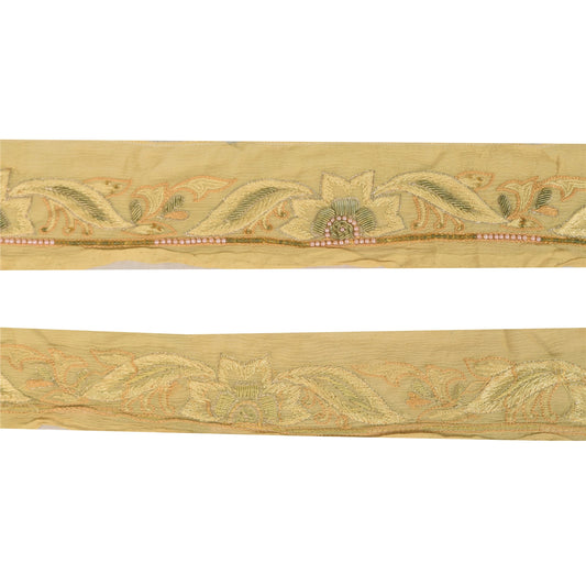 Sanskriti Vintage 1 YD Sari Border Hand Bead Zari Zardozi Trim Cream Craft Lace