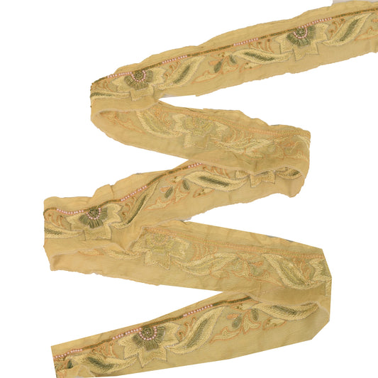 Sanskriti Vintage 1 YD Sari Border Hand Bead Zari Zardozi Trim Cream Craft Lace