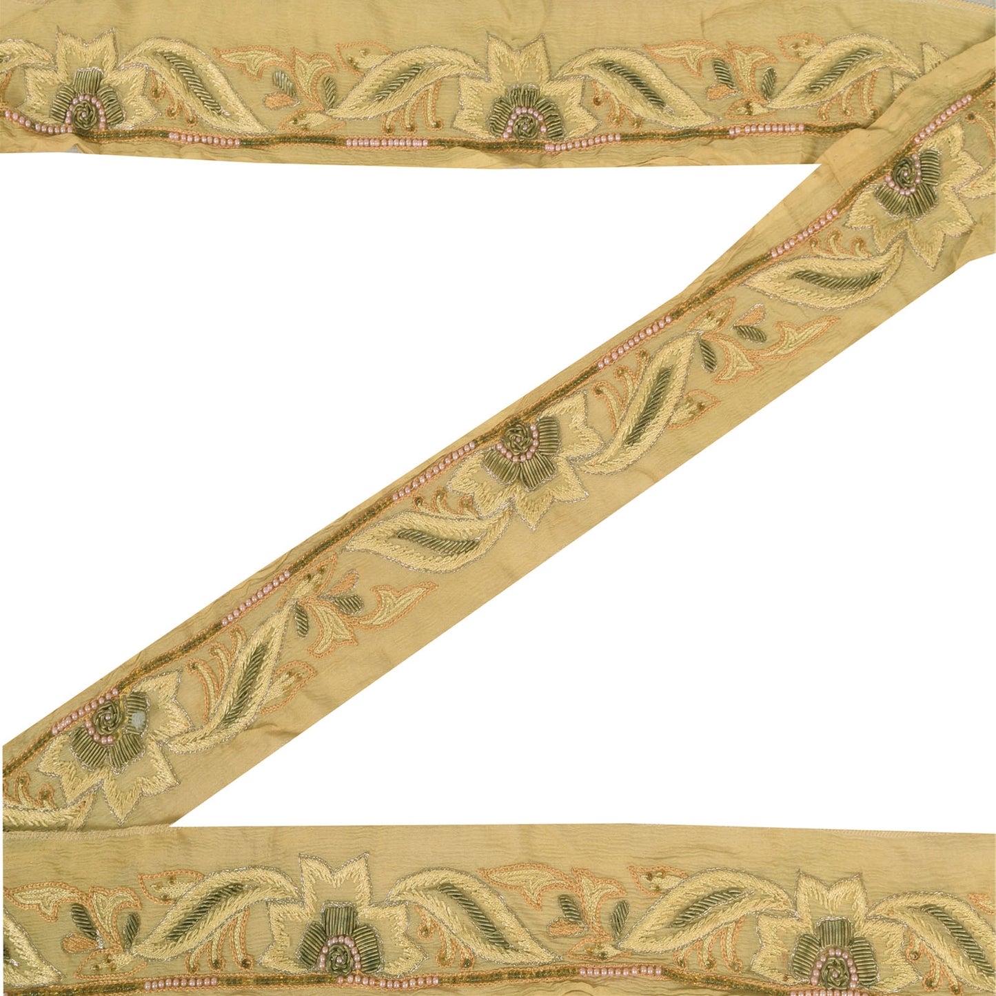 Sanskriti Vintage 1 YD Sari Border Hand Bead Zari Zardozi Trim Cream Craft Lace