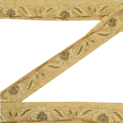 Sanskriti Vintage 1 YD Sari Border Hand Bead Zari Zardozi Trim Cream Craft Lace