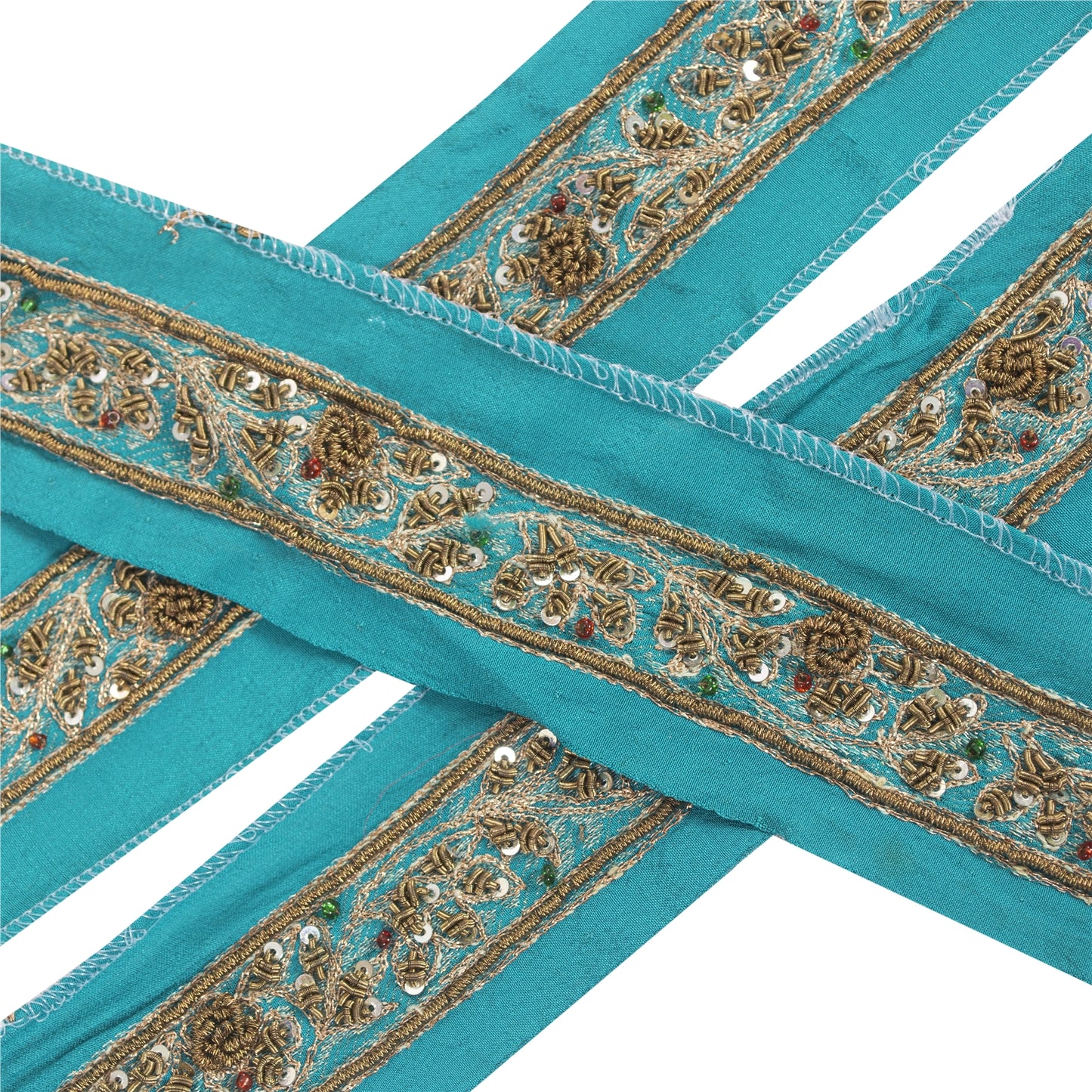 Sanskriti Vintage 1YD Sari Border Hand Beaded ZardoziTrim Sewing Craft Blue Lace