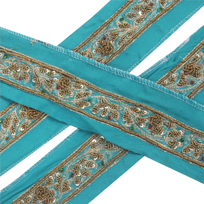 Sanskriti Vintage 1YD Sari Border Hand Beaded ZardoziTrim Sewing Craft Blue Lace