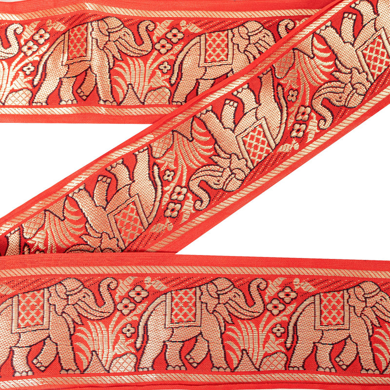 Sanskriti Vintage Saree 1 Yd Border Red Hand Woven Elephant Design Sari Trim Sewing Craft Decor Pure Silk Lace Ribbon For Embellishment