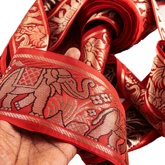 Sanskriti Vintage Saree 1 Yd Border Red Hand Woven Elephant Design Sari Trim Sewing Craft Decor Pure Silk Lace Ribbon For Embellishment