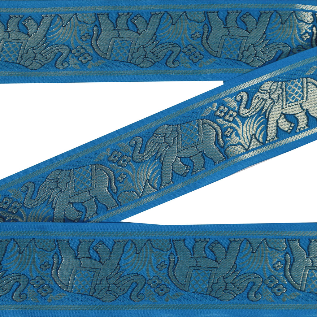 Sanskriti Vintage 1 YD Sari Border Elephant Hand Woven Trim Sewing Blue Lace