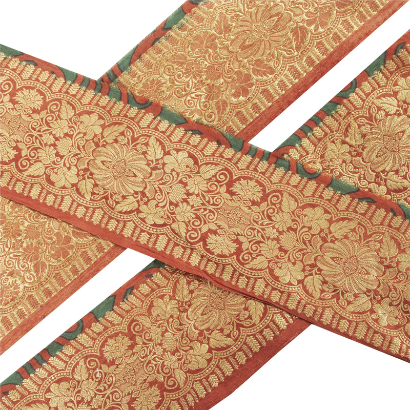 Sanskriti Vintage Sari Border Red Brocade Woven 1 YD Craft Projects Trim 3.2Lace