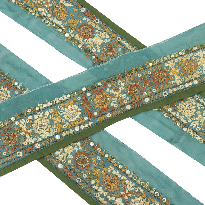 Sanskriti Vintage Sari Border Blue Embroidered 1 YD Trim 3.7w Lace Craft Sewing