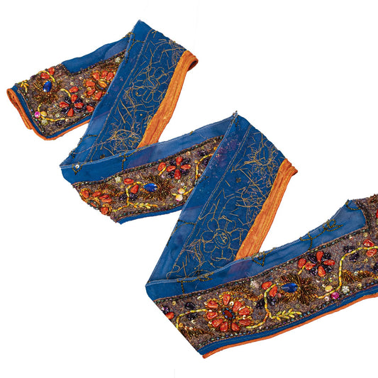 Sanskriti Vintage 1YD 2.7"W Sari Border Blue Pure Georgette Hand Bead Trim Lace