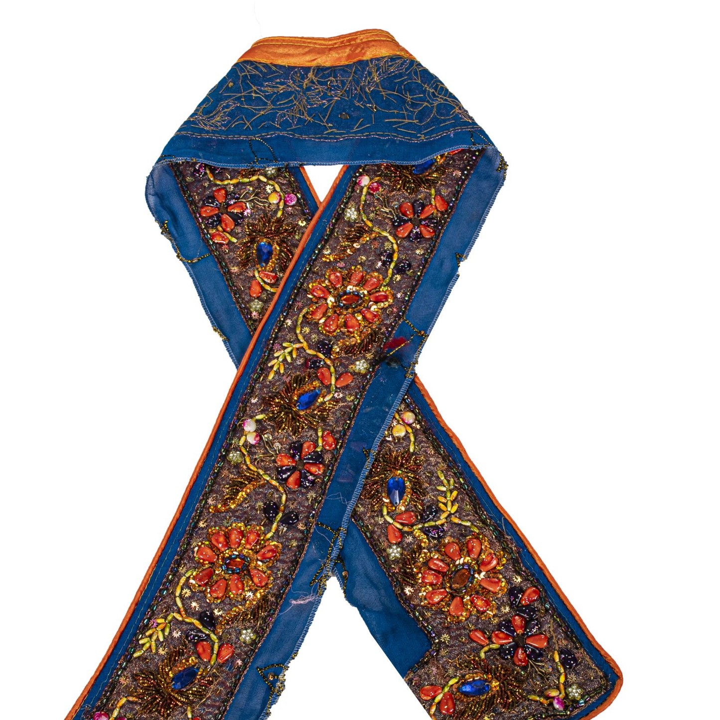 Sanskriti Vintage 1YD 2.7"W Sari Border Blue Pure Georgette Hand Bead Trim Lace