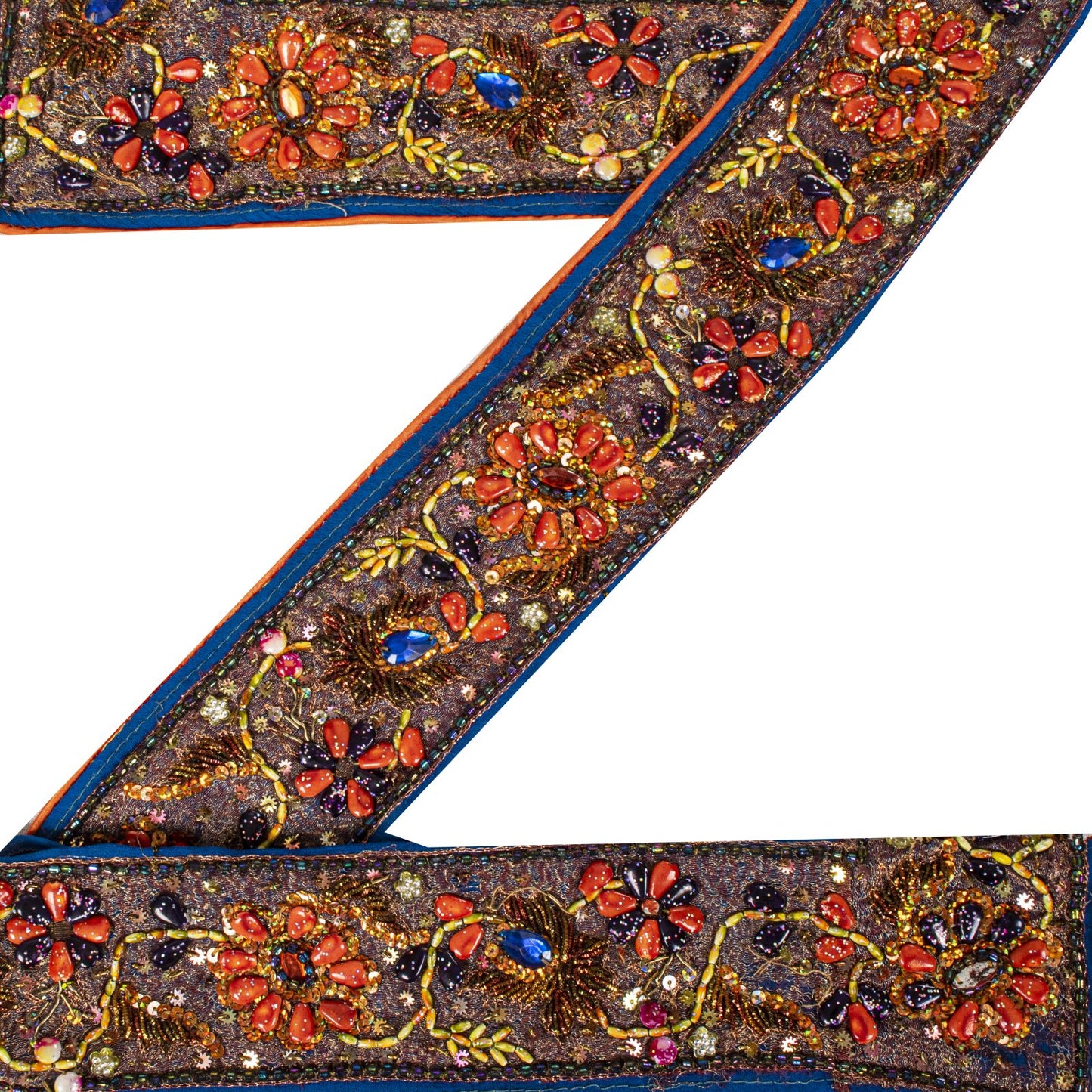 Sanskriti Vintage 1YD 2.7"W Sari Border Blue Pure Georgette Hand Bead Trim Lace