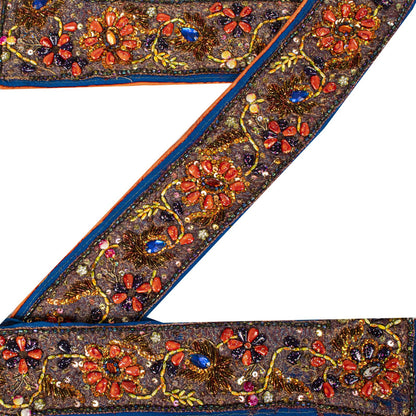 Sanskriti Vintage 1YD 2.7"W Sari Border Blue Pure Georgette Hand Bead Trim Lace