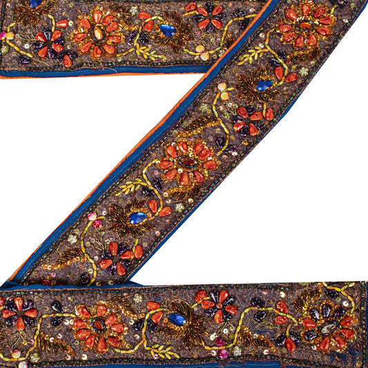 Sanskriti Vintage 1YD 2.7"W Sari Border Blue Pure Georgette Hand Bead Trim Lace