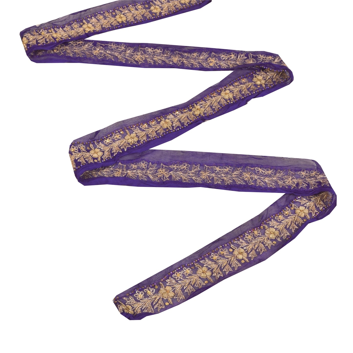 Sanskriti Vintage 1YD Sari Border Hand Beaded Zari ChiffonTrim Purple Craft Lace