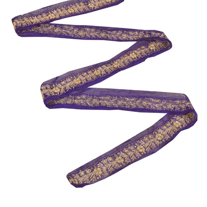 Sanskriti Vintage 1YD Sari Border Hand Beaded Zari ChiffonTrim Purple Craft Lace
