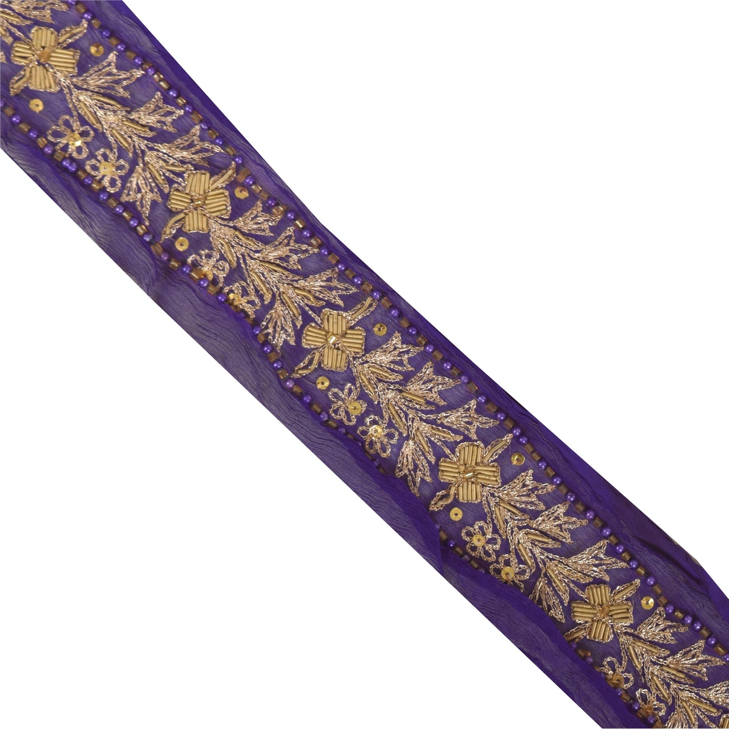 Sanskriti Vintage 1YD Sari Border Hand Beaded Zari ChiffonTrim Purple Craft Lace