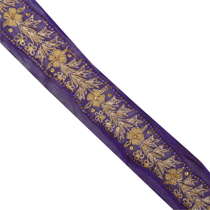 Sanskriti Vintage 1YD Sari Border Hand Beaded Zari ChiffonTrim Purple Craft Lace