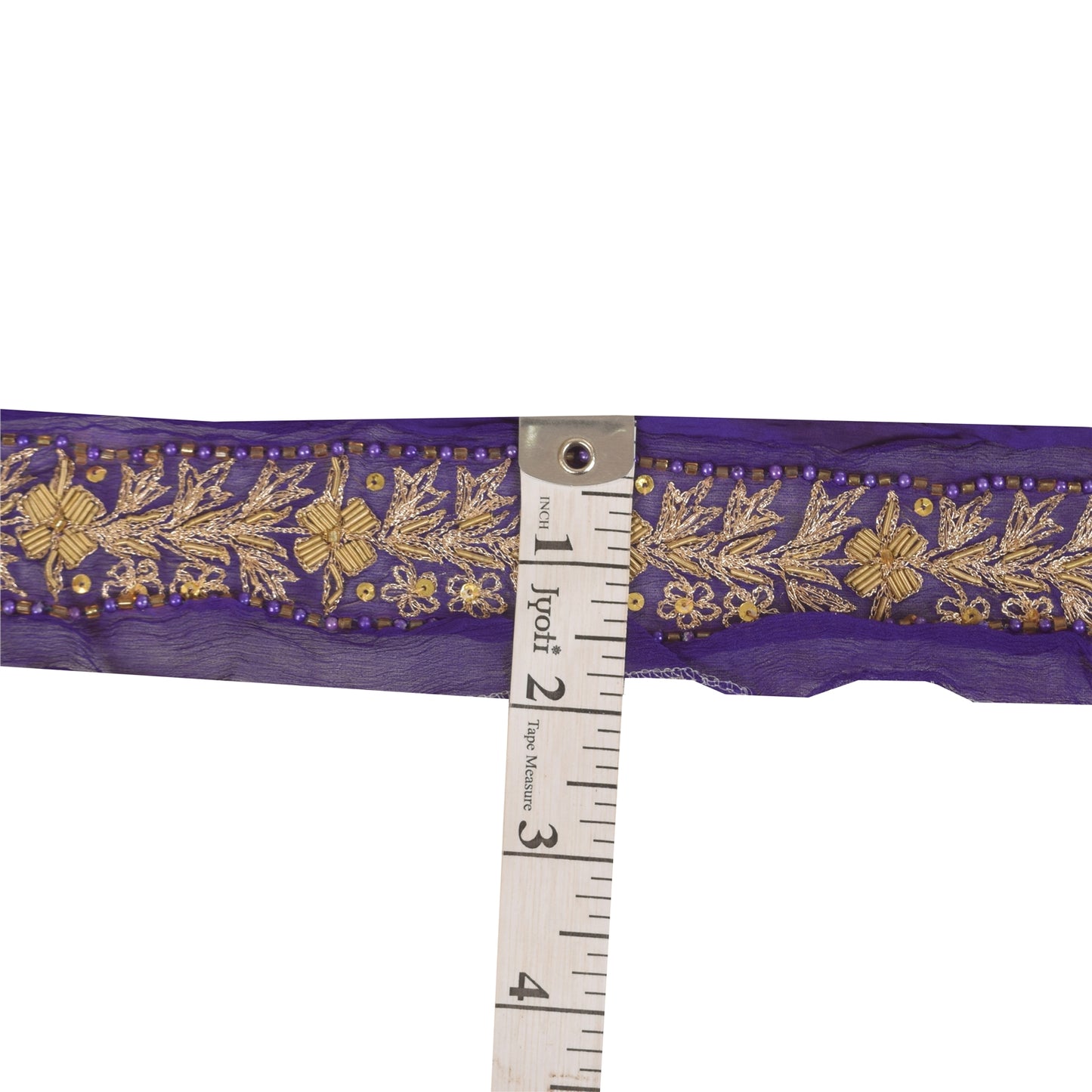 Sanskriti Vintage 1YD Sari Border Hand Beaded Zari ChiffonTrim Purple Craft Lace