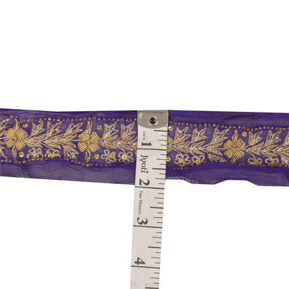 Sanskriti Vintage 1YD Sari Border Hand Beaded Zari ChiffonTrim Purple Craft Lace