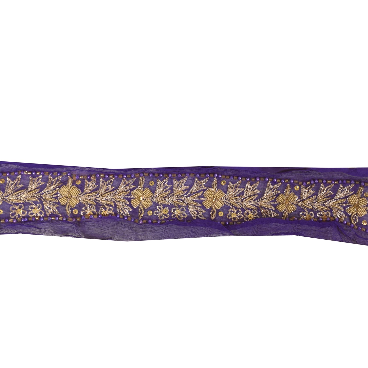 Sanskriti Vintage 1YD Sari Border Hand Beaded Zari ChiffonTrim Purple Craft Lace