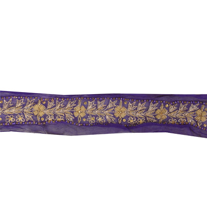 Sanskriti Vintage 1YD Sari Border Hand Beaded Zari ChiffonTrim Purple Craft Lace