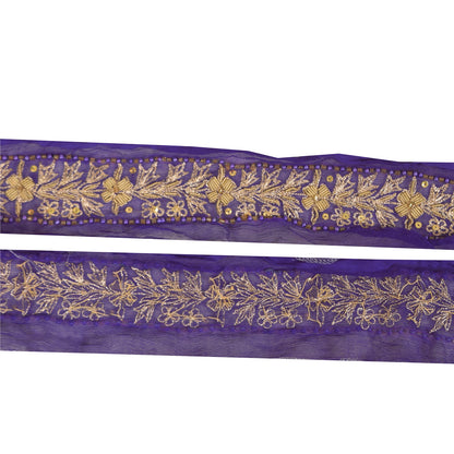 Sanskriti Vintage 1YD Sari Border Hand Beaded Zari ChiffonTrim Purple Craft Lace