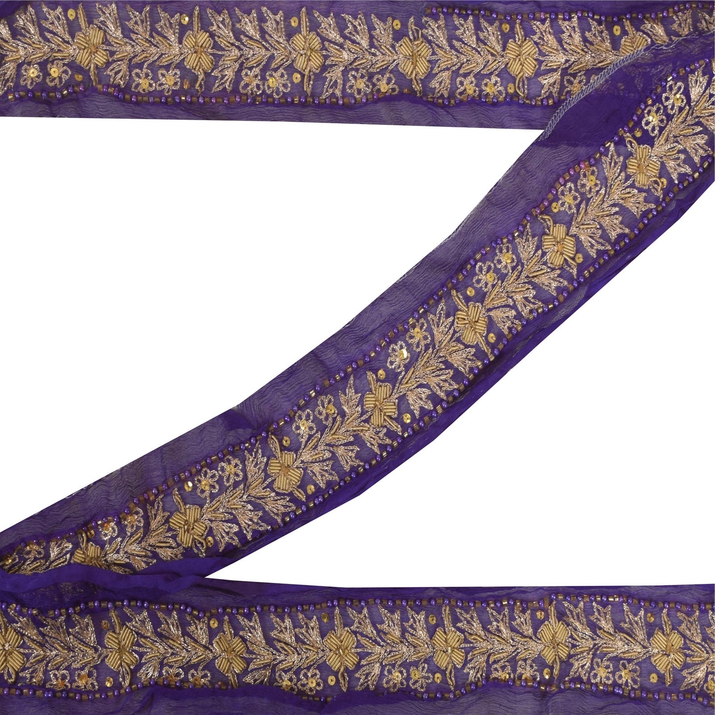 Sanskriti Vintage 1YD Sari Border Hand Beaded Zari ChiffonTrim Purple Craft Lace