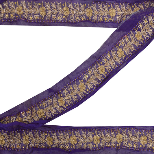 Sanskriti Vintage 1YD Sari Border Hand Beaded Zari ChiffonTrim Purple Craft Lace
