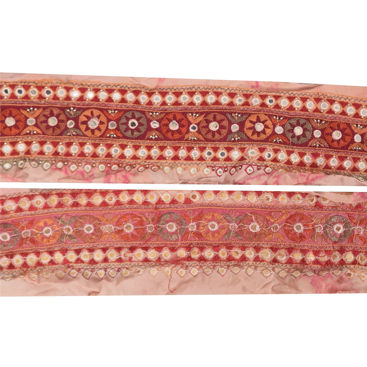 Sanskriti Vintage 1YD Sari Border Pink Hand Beaded Trim Mirror Craft Silk Lace