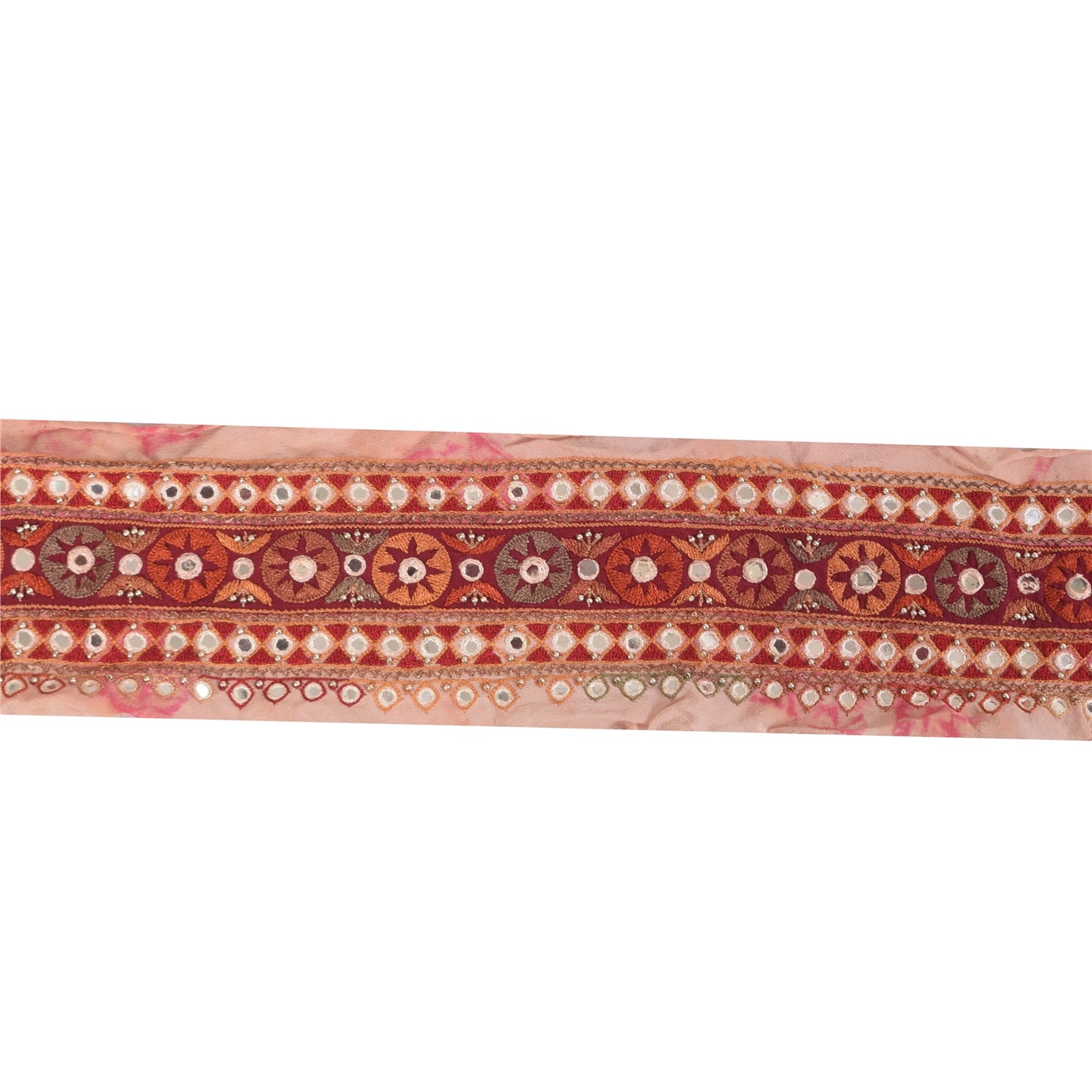 Sanskriti Vintage 1YD Sari Border Pink Hand Beaded Trim Mirror Craft Silk Lace