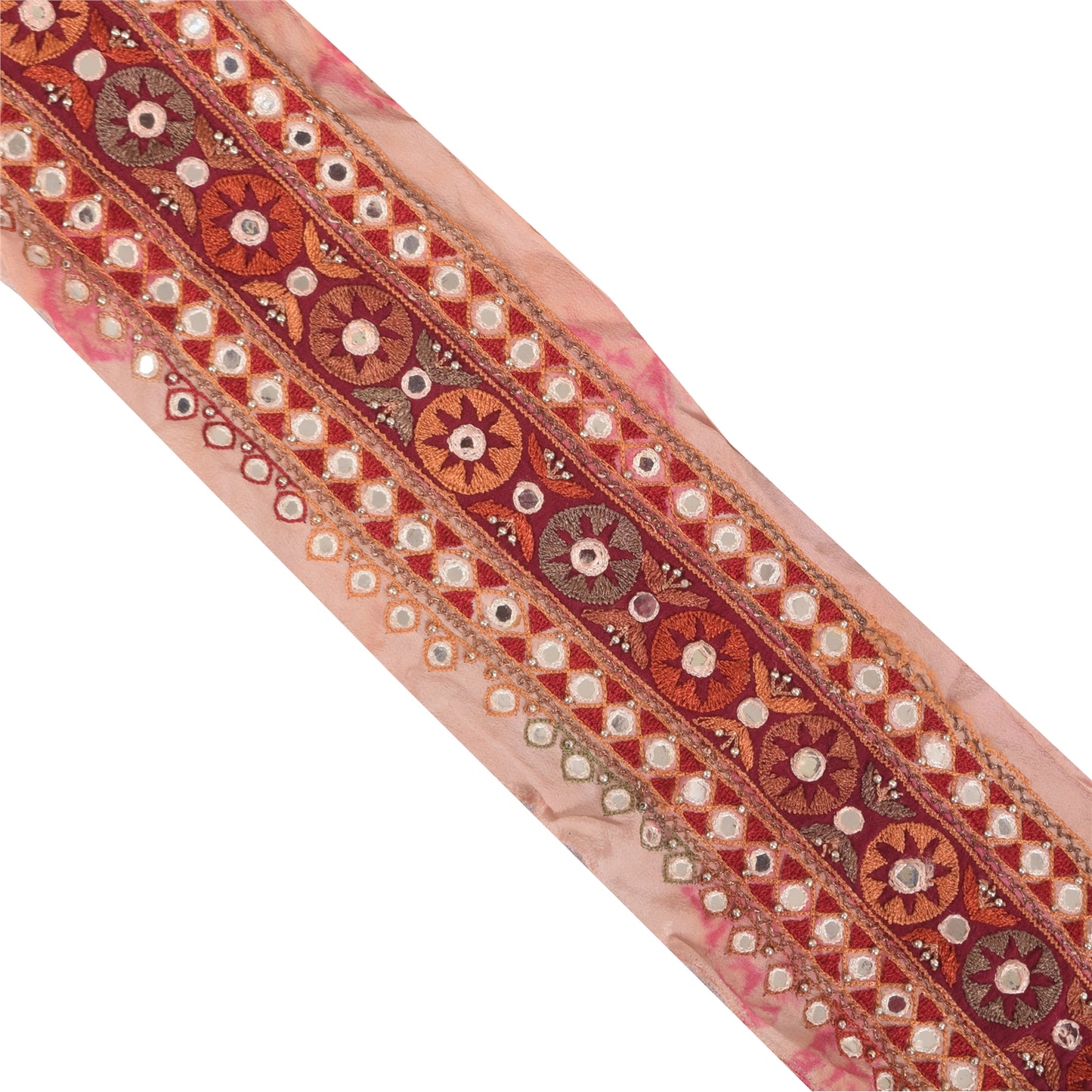Sanskriti Vintage 1YD Sari Border Pink Hand Beaded Trim Mirror Craft Silk Lace