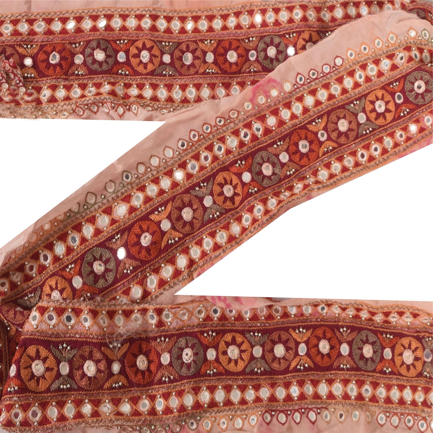 Sanskriti Vintage 1YD Sari Border Pink Hand Beaded Trim Mirror Craft Silk Lace