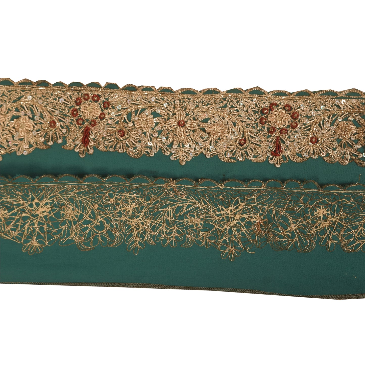 Sanskriti Vintage 1YD Sari Border Hand Beaded Zardozi ZariTrim Sewing Green Lace