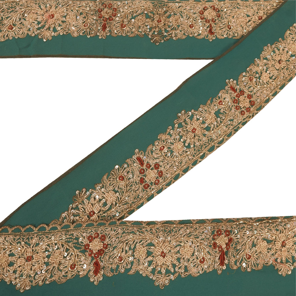 Sanskriti Vintage 1YD Sari Border Hand Beaded Zardozi ZariTrim Sewing Green Lace